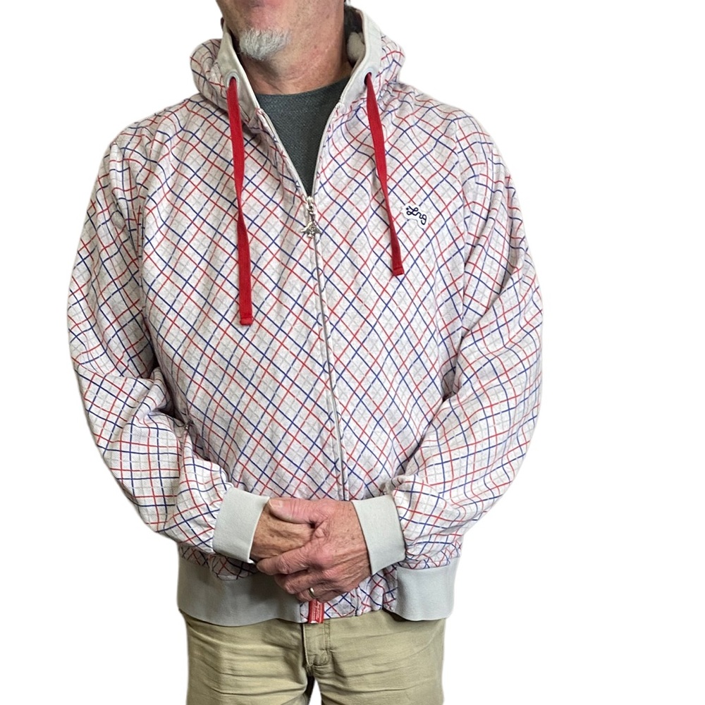 LRG Light Gray Red Blue Silver Plaid Sweatshirt Hoodie XXL